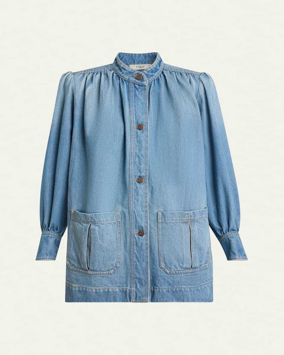 Long High Neck Gathered Denim Jacket
